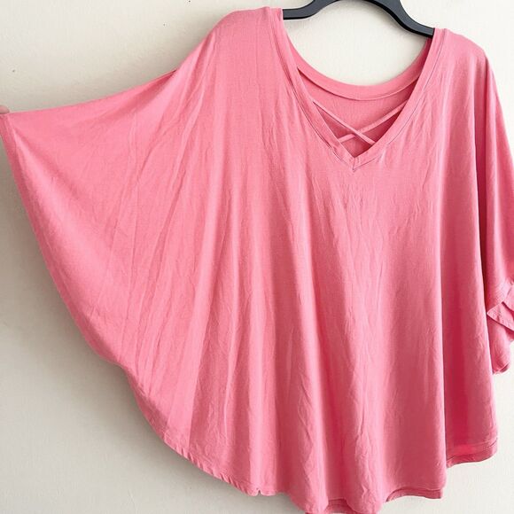Anna Ava Coral Pink Poncho Style Top Slouchy One Size Flutter Sleeve Jersey Knit - Picture 1 of 6
